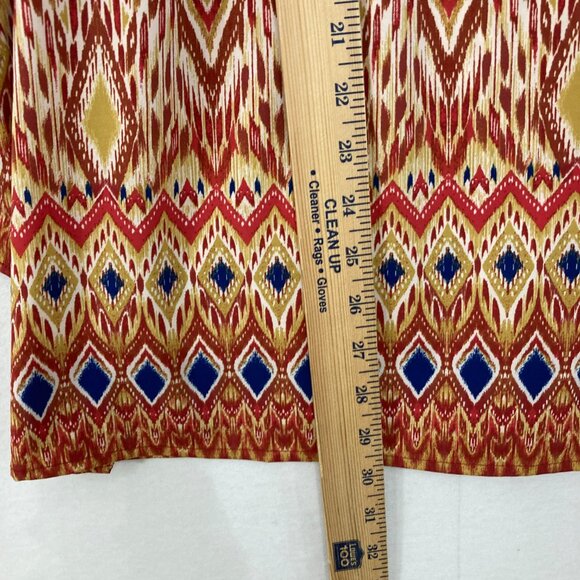 Belle Kim Gravel Size 1X Multi Color Boho Artsy Print V Neck Stretch knit Top - Picture 4 of 8